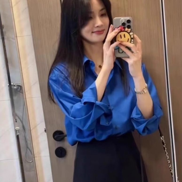 Elegant Goddess Fan Fashion Women's Spring and Summer Klein Blue Shirt Small Fresh and Slimming Loose Sunscreen Trendy Top