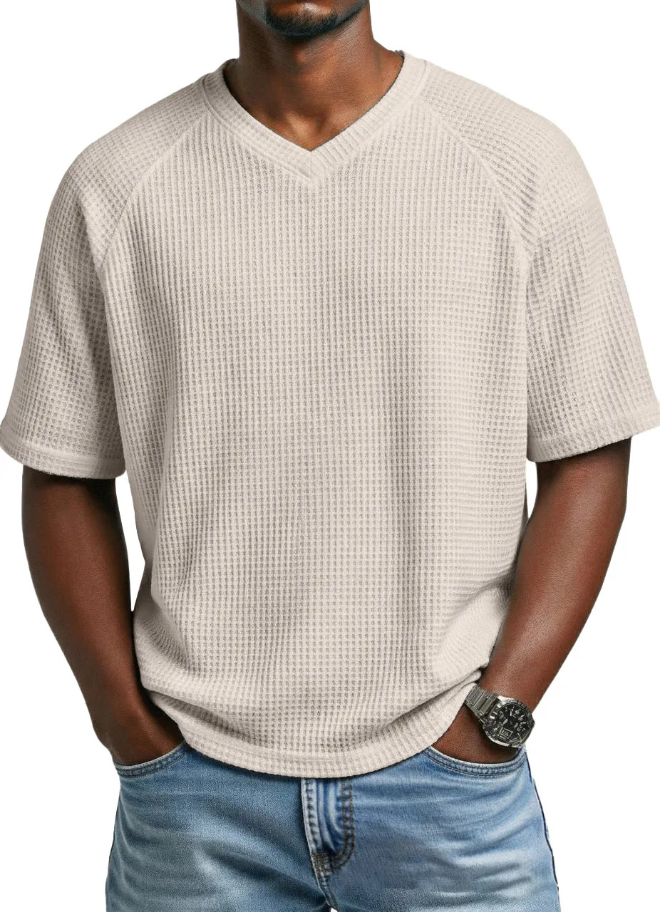 2026 Europa y América primavera y verano estación independiente transfronteriza hombre moda waffle de punto mangas de hombro de cuello en V camiseta de hombre de mangas cortas
