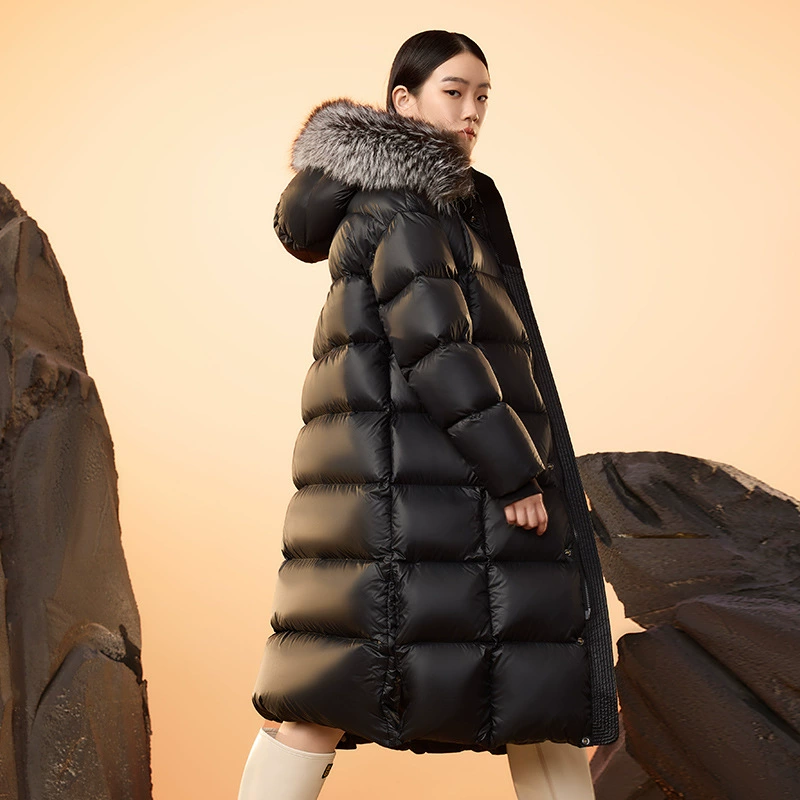 2025 Зимний стильный черный, золотой и серебряный лисий большой меховой воротник, гусиный пух, королева 2,0, восемная тренировочная куртка из гусиного пуха, длинная куртка выше колена.
