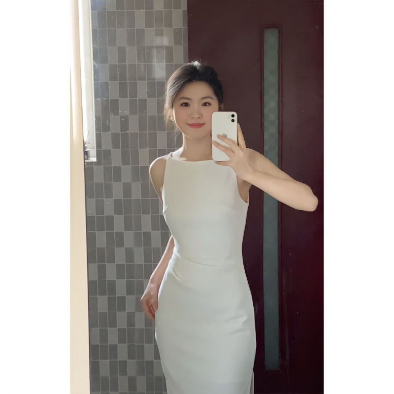 甜美法式一字领收腰开衩连衣裙女设计感别致绝美吊带裙|undefined