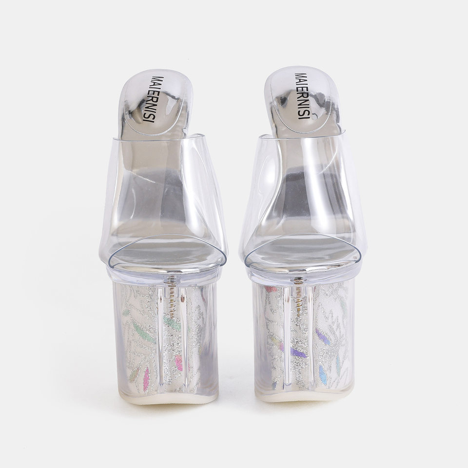 Dép sandal nữ quai ngang gót siêu cao 9 cm mũi hở phong cách Âu Mỹ — bạc, màu vàng, đen chi tiết 3