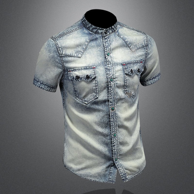 Camicia da uomo a maniche corte con colletto alto, stile europeo e americano per il commercio estero, camicia slim fit in denim lavato vintage per_voghion.com
