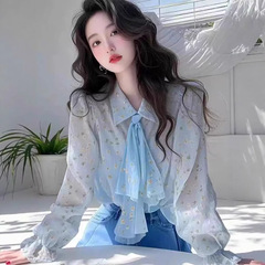 漂亮气质蓝色碎花长袖衬衫女装2025春夏新款法式绝美防晒衬衫上衣