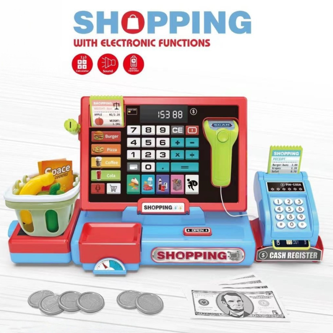 Supermercado infantil transfronterizo caja registradora de compras venta de frutas y verduras computadora POS tarjeta deslizante caja registradora juguetes caseros