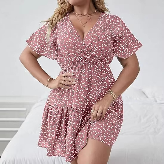 2025 European and American Cross-Border Amazon Women's Plus-Size V-Neck Ruffled Short-Sleeve Printed Polka Dot Wrap Dress 2025 European and American Cross-Border Amazon Women's Plus-Size V-Neck Ruffled Short-Sleeve Printed Polka Dot Wrap Dress