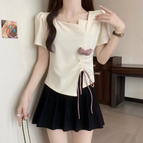 Dopamine-designed 3D floral drawstring pleated short-sleeve T-shirt top for women - summer sweet, versatile, and gentle style