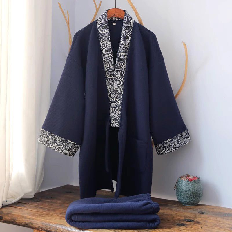 男秋冬古风加厚长裤睡衣套装拼色中国风汉服家居服中式大码