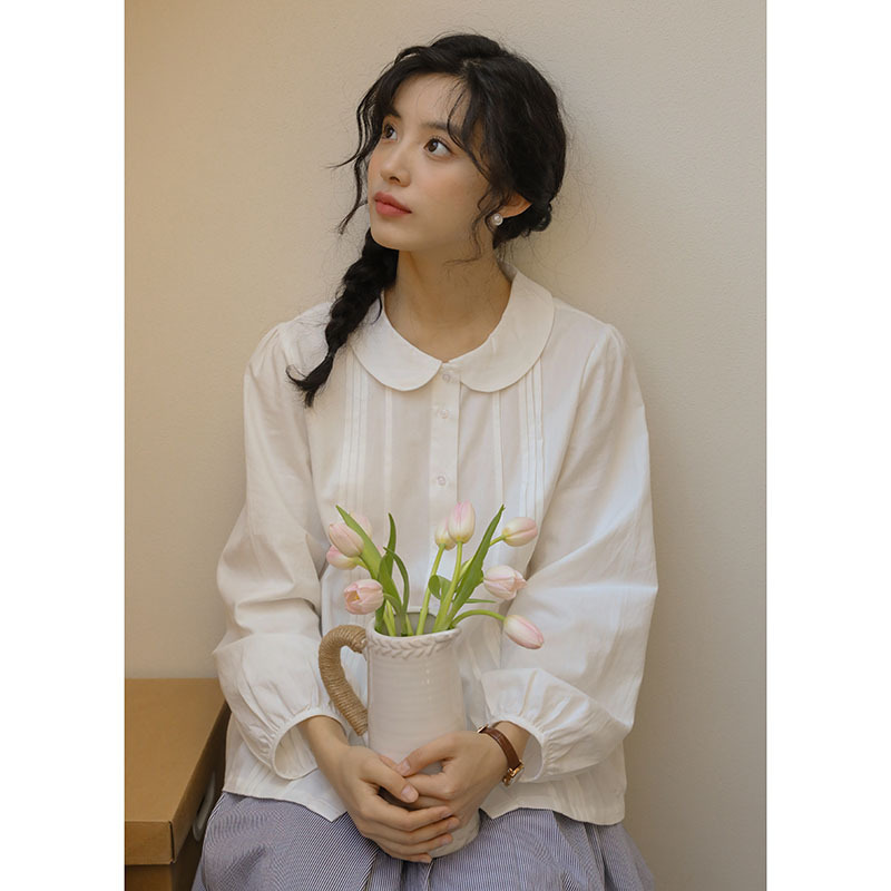 实拍 2025秋季新款文艺日系简约娃娃领清新宽松衬衫上衣女88641|undefined