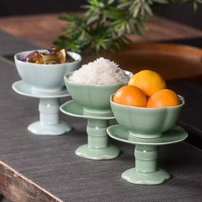small gain Celadon ceramics Tall Ruyi household auspicious Altar Buddha temple Dish
