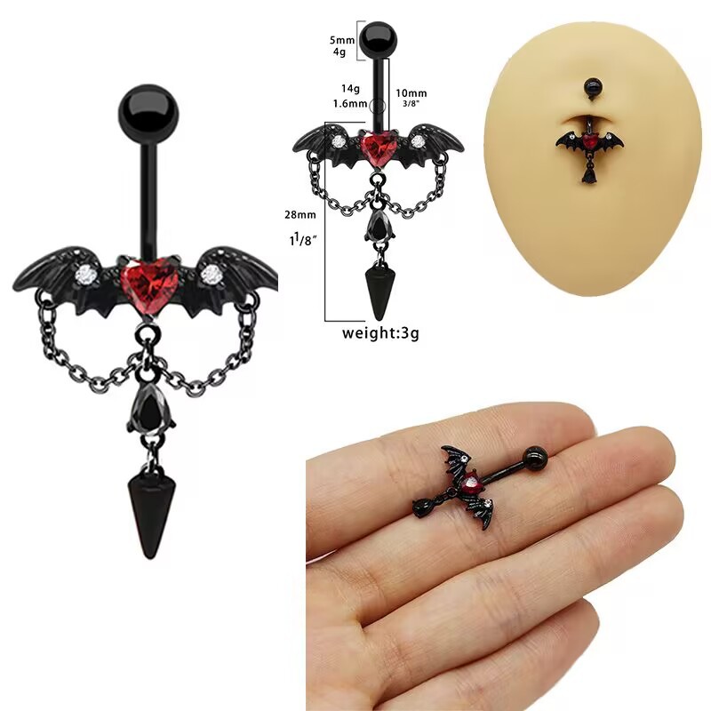 Belly Button Ring With Bat Wing And Cone Charm, Gothic Style_voghion.com