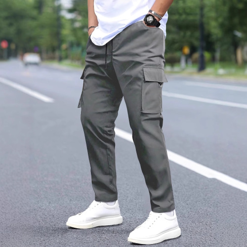 Amazon 100% Cotton Men's Work Pants Straight Leg Drawstring Multi-Pocket Casual Long Pants for European and American Independent Stations