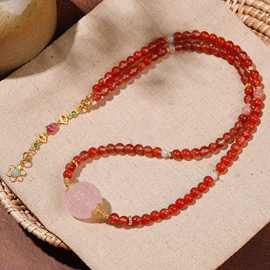 新中式天然南红圆珠项链女粉晶吊坠白玉银饰葫芦尾链多宝项饰批发