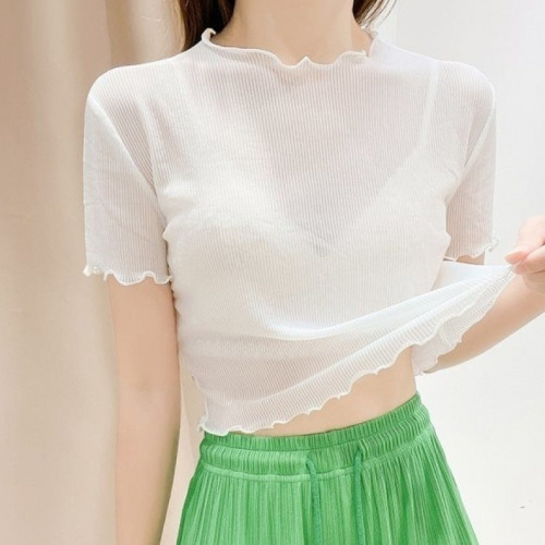 Women's Short Sleeve Mesh Bodysuit, Delicate Lace T-shirt with Underwire, Sheer Fabric, Casual Short Hem Dress, Ideal for Summer