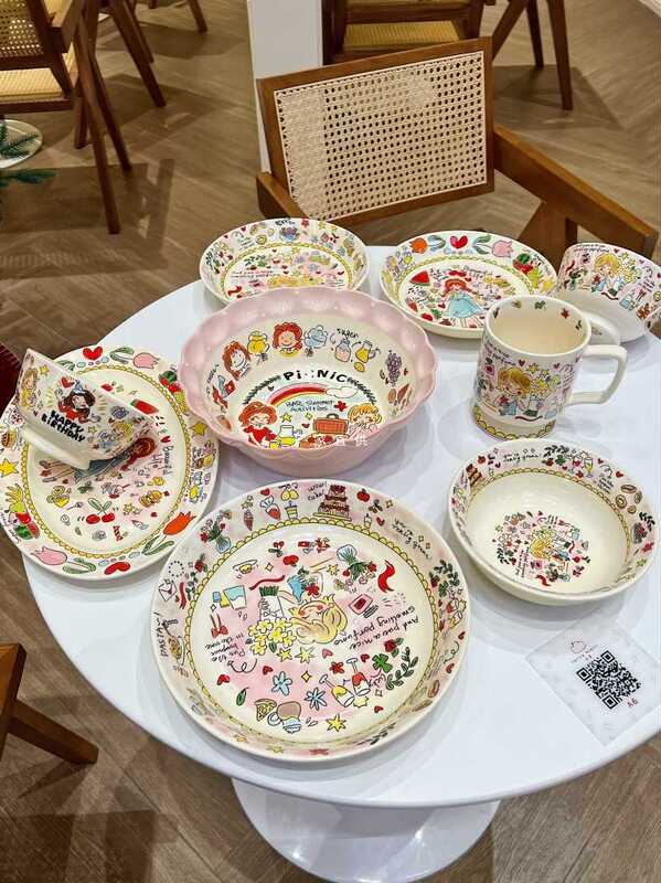 Wholesale Small Pottery French Ceramic Cream Girl Tableware Rice Bowl Salad Bowl Dinner Plate Large Soup Bowl Mug Gift