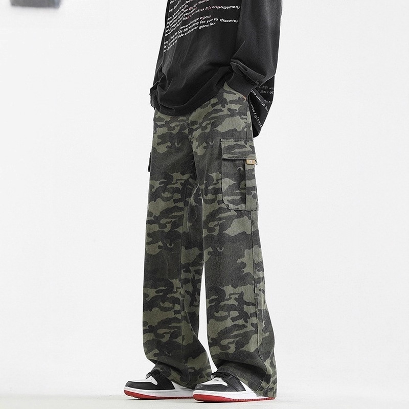 Autumn Camouflage Patch Pocket Cargo Jeans Men's American Functional Multi-Pocket Trendy Semi-Elastic Waist Button Style Trousers