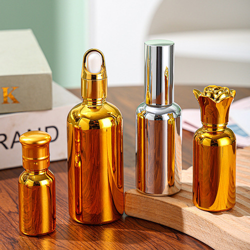 Gold-Plated Glass Essential Oil Bottles 10-100ml Empty Dropper Bottles with Silicone Cap, Silver Spray Bottles for Wholesale