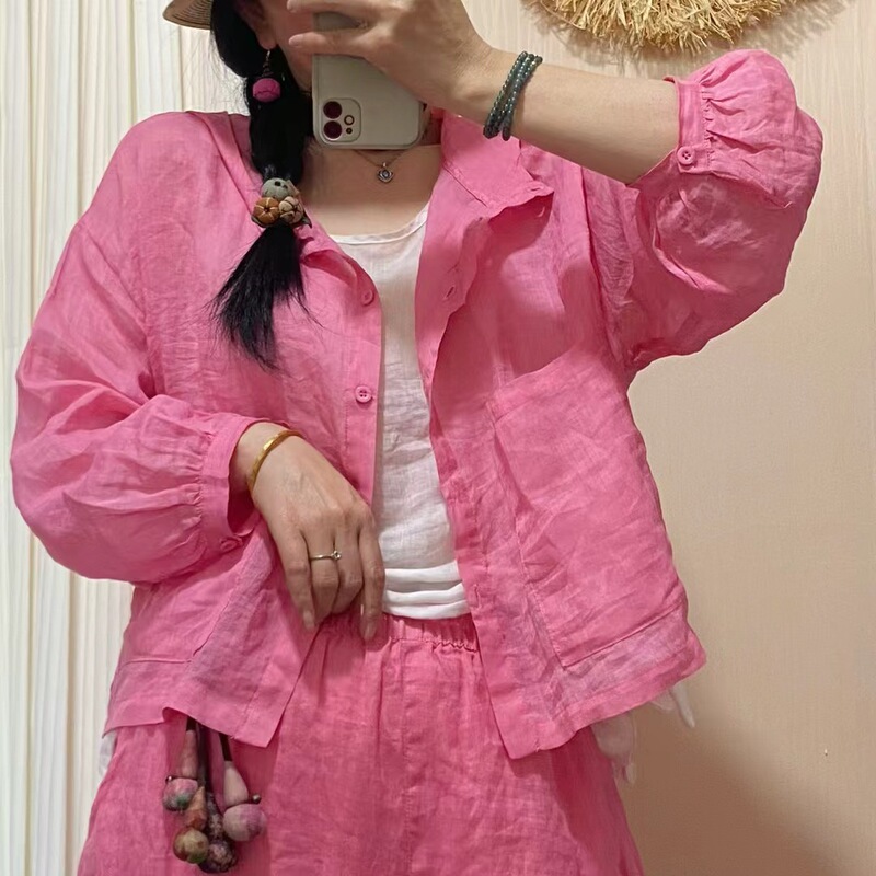 Summer 2025 Korean Style Simple Loose Retro Ramie Big Pocket Solid Color Shirt Cardigan Hoodie Summer 2025 Korean Style Simple Loose Retro Ramie Big Pocket Solid Color Shirt Cardigan Hoodie