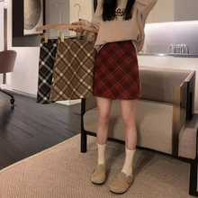 实拍~复古格子半身裙高腰显瘦A字加厚毛呢女装2024年秋冬季新款