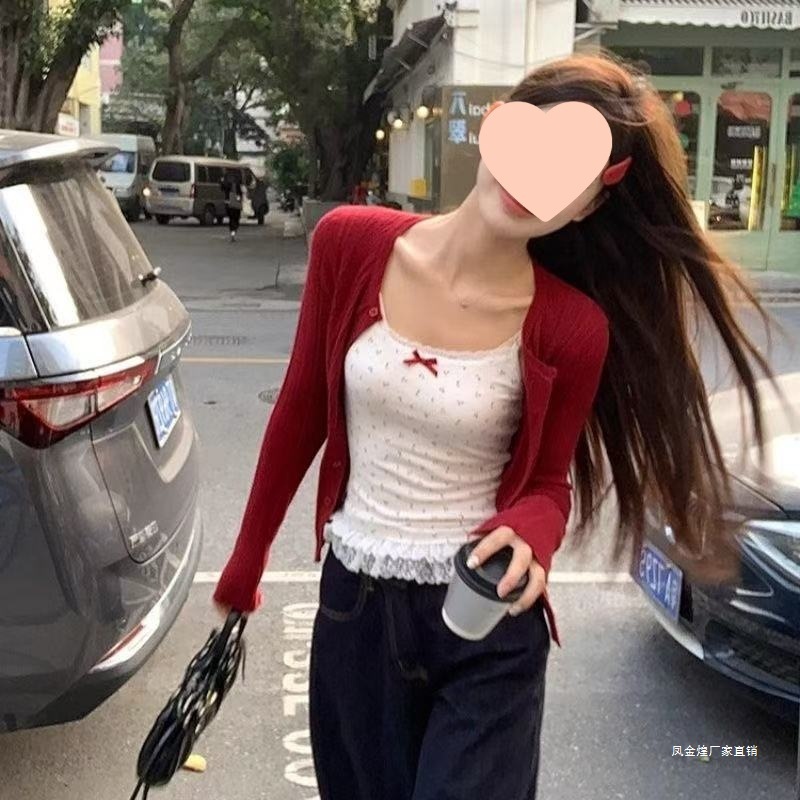 红色修身针织衫圆领女2025春秋季新款辣妹百搭外穿开衫上衣外套潮