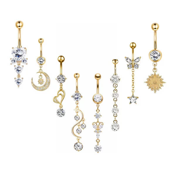 Cross-Border Navel Rings, Navel Studs with Zircon, Eight-Piece Set of Navel Piercing Jewelry Wholesale