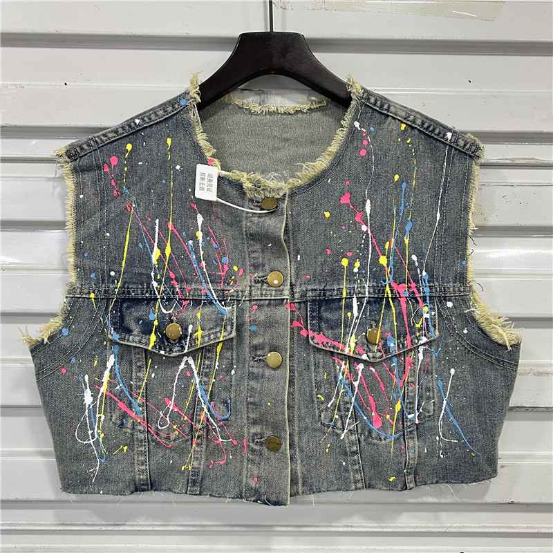 Chaleco de mezclilla pintado a mano de graffiti retro americano para mujer, nuevo estilo, chaleco de moda de estilo occidental, chaqueta de chaleco de moda image 1
