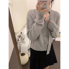 2025秋新款韩版休闲毛衣外套女短款针织开衫飘带挂脖领法式上衣