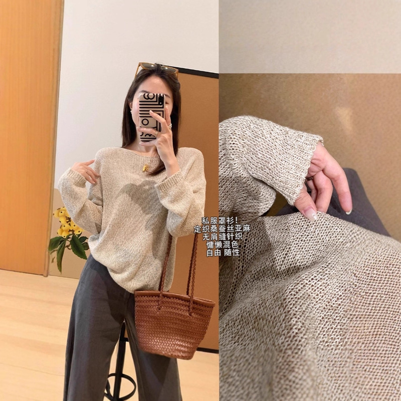 Hanyuan Apparel/Blouse! Cool and Comfortable Long-Sleeve Knit Top Made of Mulberry Silk and Linen, Seamless and Loose-Fitting