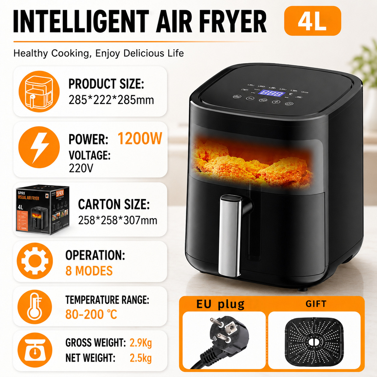 Friteuse à air à écran tactile 4L avec vue d'ensemble - Noir (Norme Européenne)