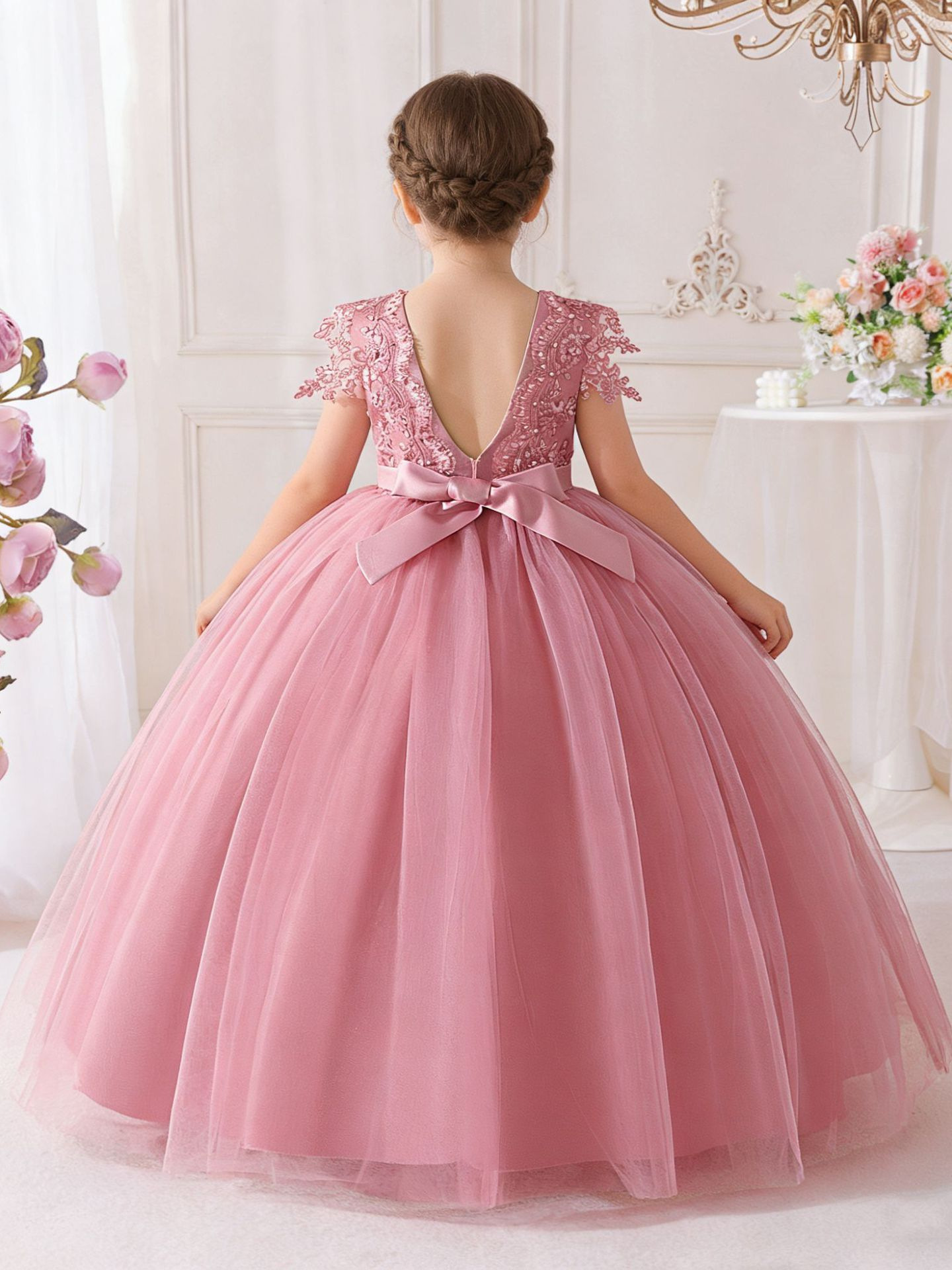 Vestido de niñas profundo cuello en V arco floral vestido de novia vestido de fiesta vestido de niñas vestido de niñas