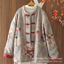 中国风冬季加厚棉服女装碎花立领盘扣宽松棉袄外套