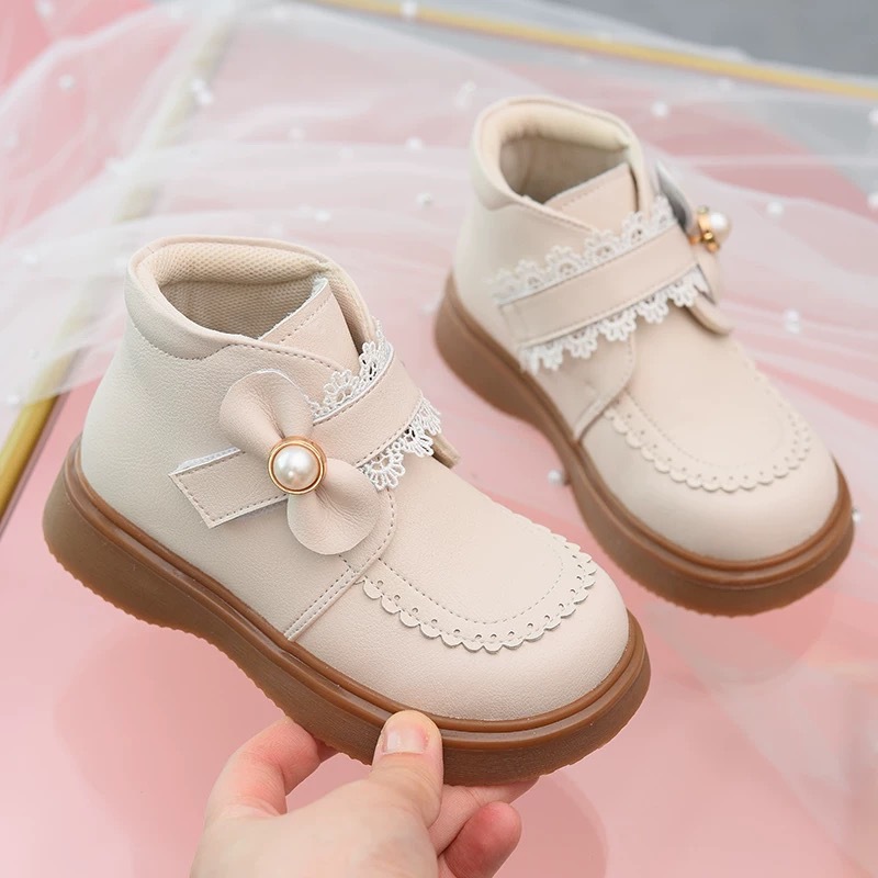 Girls' New Autumn and Winter Small Leather Boots, Versatile Leather Shoes for Middle and Large Kidsren, Fleece-Lined Warm Girls' Princess Boots, Kidsren's Single Boots