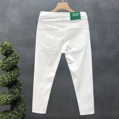 Black pure denim jeans for men trendy slim fit ankle-length nine-hole pants for men stylish young white casual pants