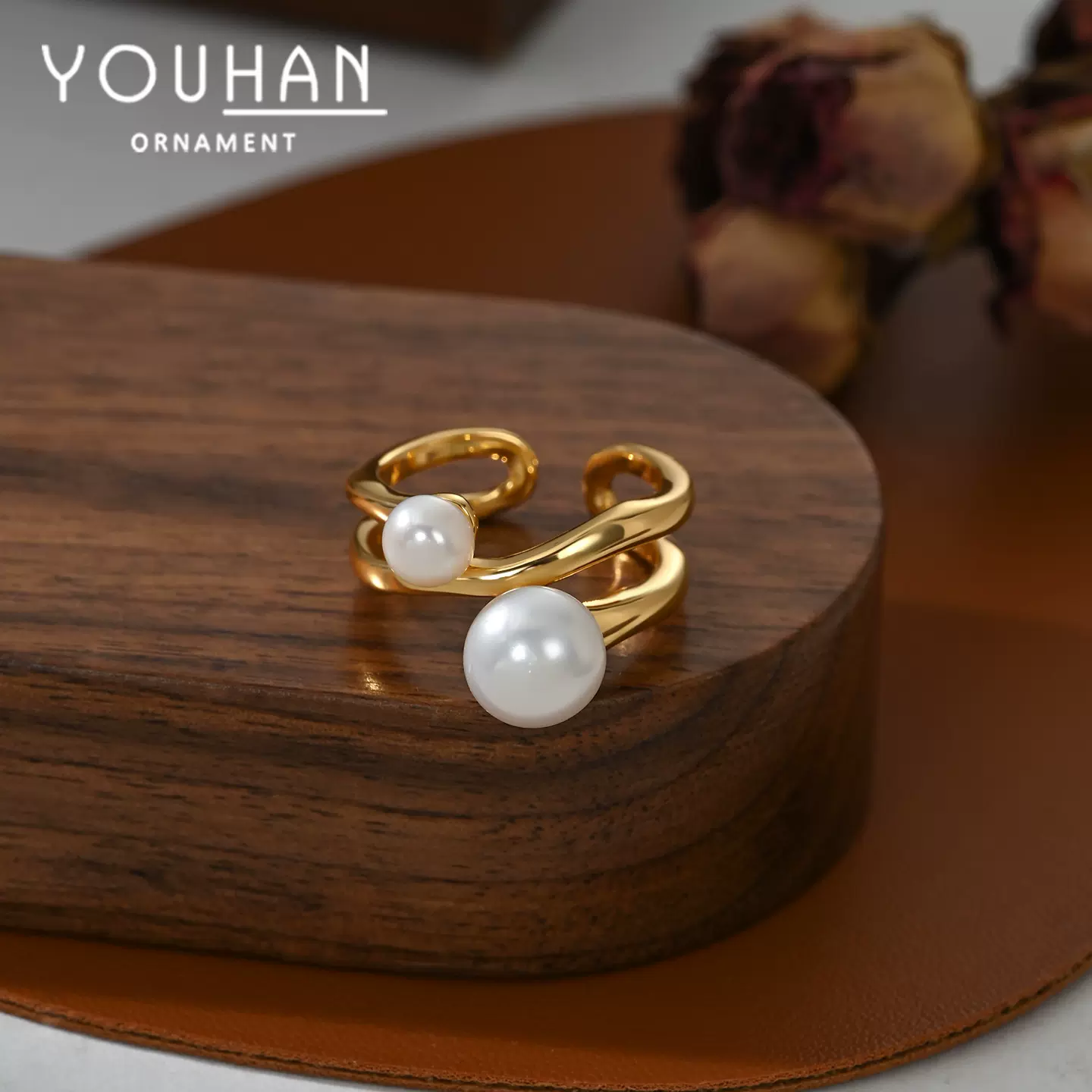 2025年新品中古欧美风夸张宽版食指戒高档天然珍珠戒指百搭食指戒