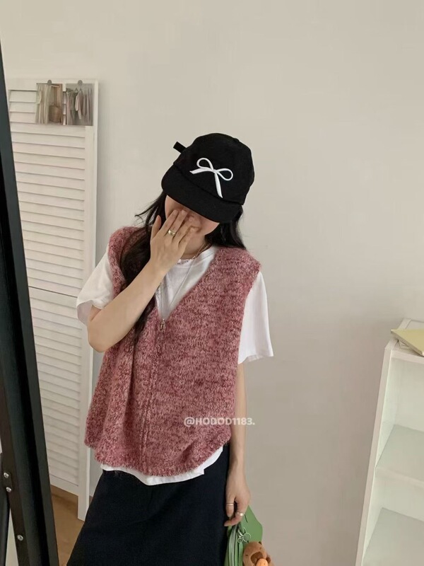 花纱韩系V领拉链针织马甲开衫女2025秋季新款宽松显瘦毛衣背心女|undefined