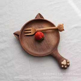 实木卡通猫咪盘家用儿童餐盘辅食盘木质带手柄水果点心托盘