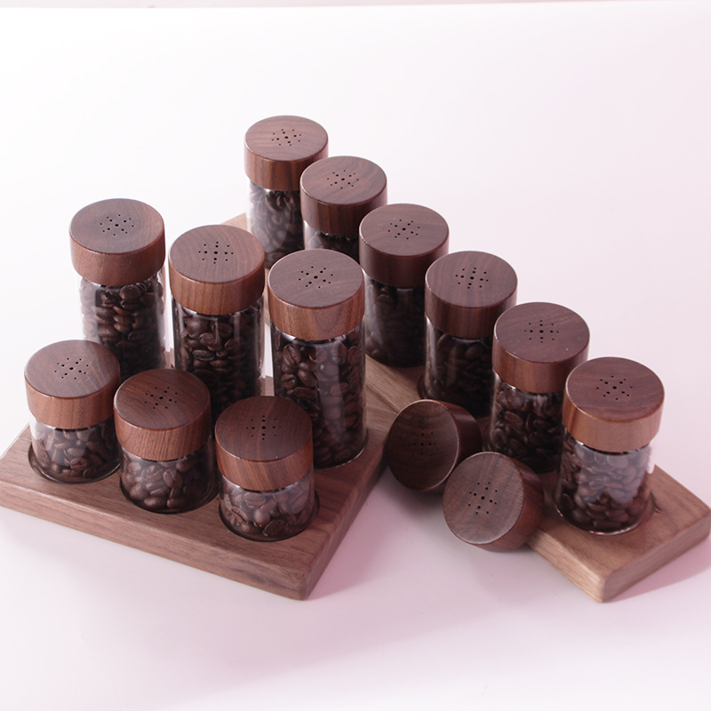 Válvula de retención oculta de mano frasco pequeño de vidrio Nogal Negro Luz de escape de lujo mini subcontenedor de almacenamiento de granos de café