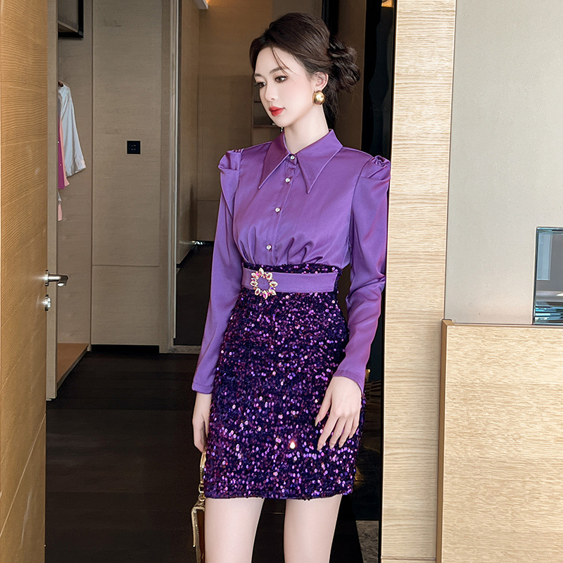 2026 Spring New Style Women's French Shirt with Lapel and Sequined Velvet Hip-Hugging Purple Dress 51151