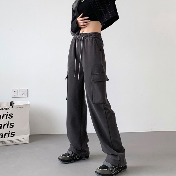 美式复古工装卫裤女2025秋季新款高腰宽松阔腿裤多口袋休闲运动裤|undefined