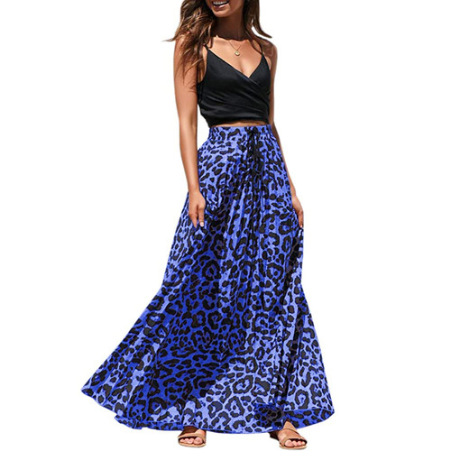 European and American large size women's clothing a-line skirt extra-large size skirt drawstring print leopard print long dress for women