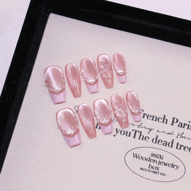 New Long French Pearl Quilted Cat's Eye Pure Handmade Wearable Nail Polish Finished Handmade Removable Boutique Nail Patches
