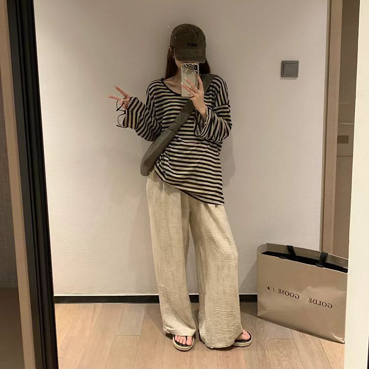 慵懒风黑白条纹圆领防晒长袖T恤女薄款空调宽松显瘦冰丝罩衫上衣|undefined