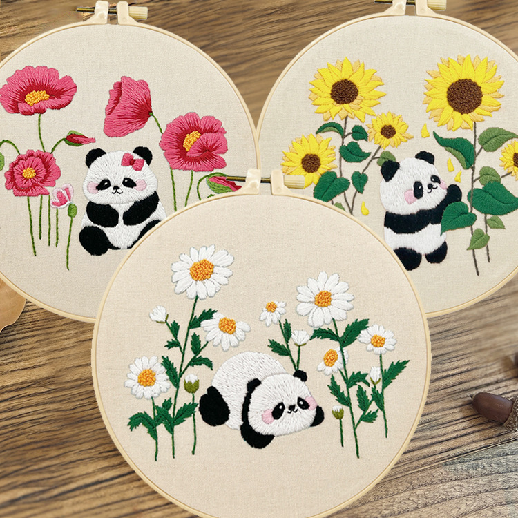 Flor Bush panda pequeño conjunto bordado diy material de mano bolsa de dibujos animados aguja animal paquete de bordado hierba de cuatro piezas