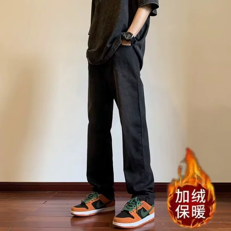 Американские высокие улицы осенью и зимой плюшевые черные джинсы-мачете для мужчин и женщин