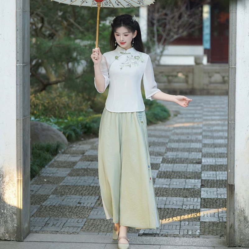 Летом новый китайский стиль ретро с вышивкой воротником