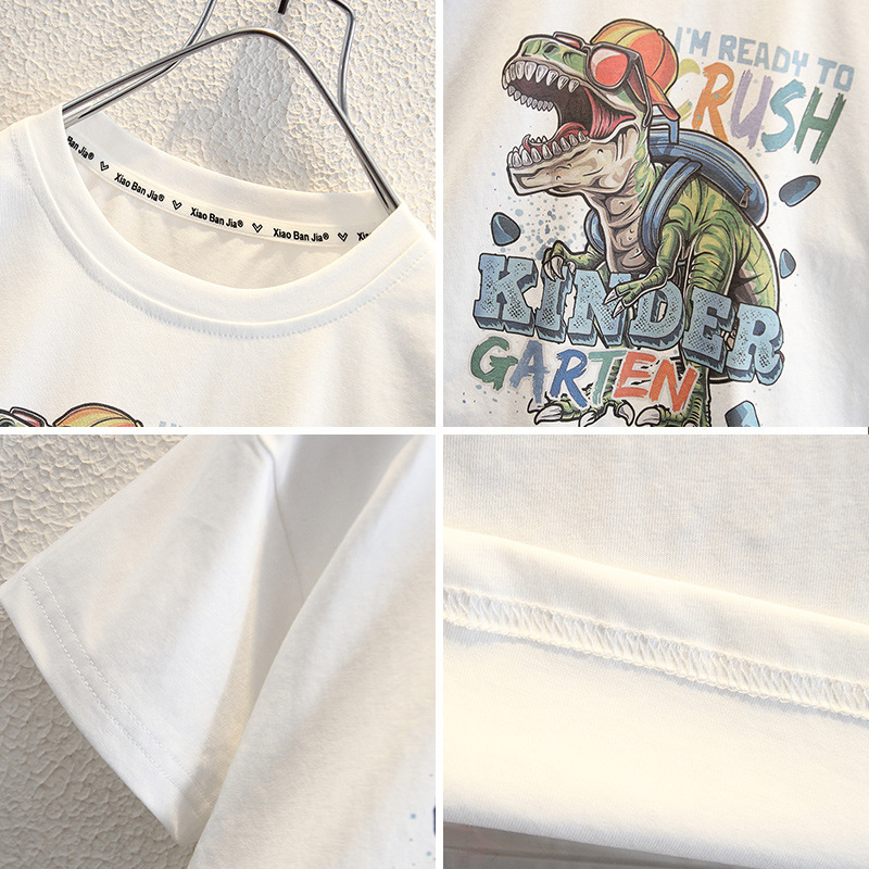 7985 Camiseta de manga corta de dinosaurio de dibujos animados para niños 2025 nuevos tops de media manga para niños ropa de verano para niños