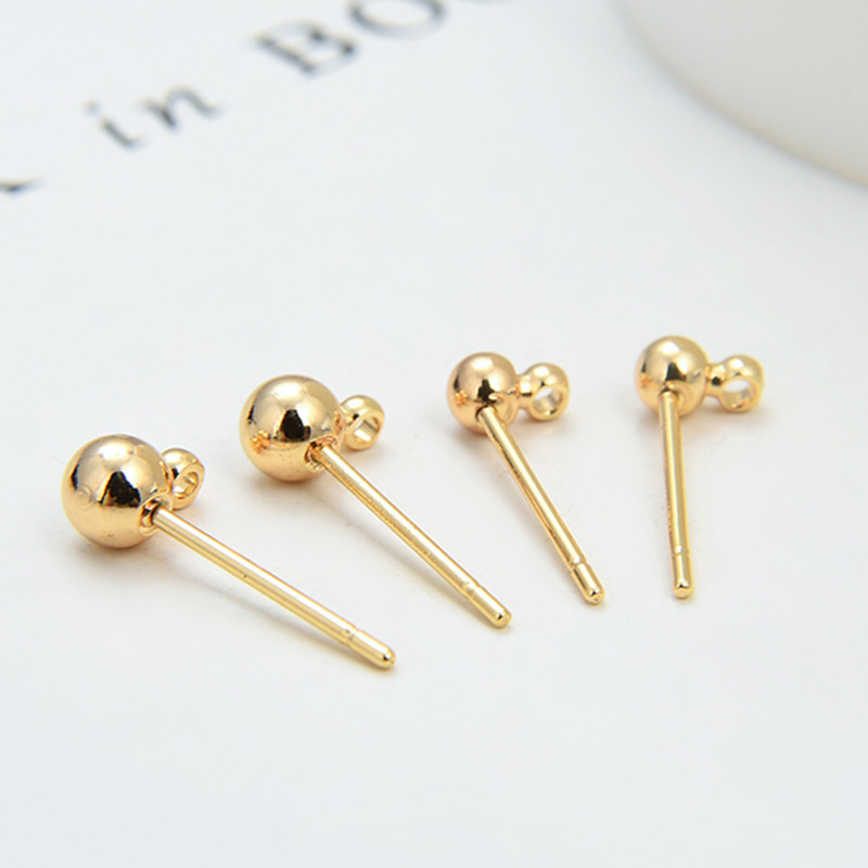 DIY饰品配件材料批发14K包金保色925银针豆豆带圈耳钉 圆球耳针