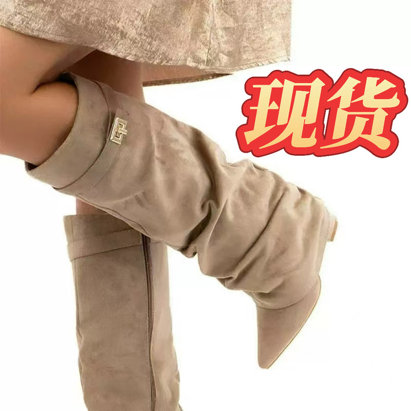 2026 Foreign Trade Women's Shoes Pointed Toe Straight-Leg Pleated Metal Buckle Mid-Length Boots Large Size Chunky Heel Bootcut Boots Women's Boots 2026 Foreign Trade Women's Shoes Pointed Toe Straight-Leg Pleated Metal Buckle Mid-Length Boots Large Size Chunky Heel Bootcut Boots Women's Boots