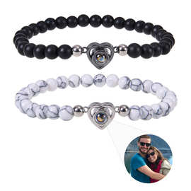 天然石定 制照片心形吊坠投影手链磨砂石白松石图片文字定 制手链