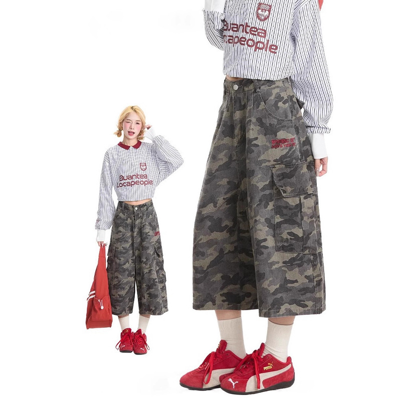 American-Style Camouflage Denim Capri Pants for Women, 2025 Summer New Wide-Leg Large Pocket Loose Straight-Leg Workwear