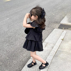 Girls' Vest Dress, Black Princess Style 2024 Summer New Arrival – Chic Kids' Ruffled One-Piece Dress with Tiered Layers